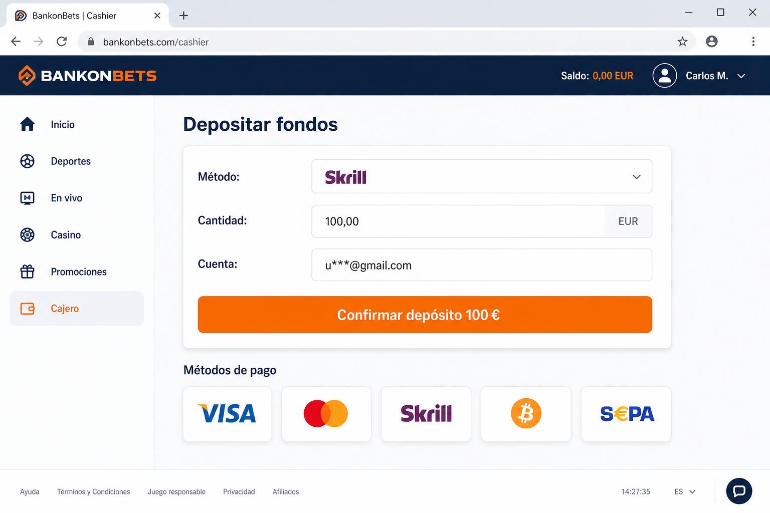 Screenshot cassiere Bankonbet: deposito 100 EUR via Skrill, modulo e metodi di pagamento