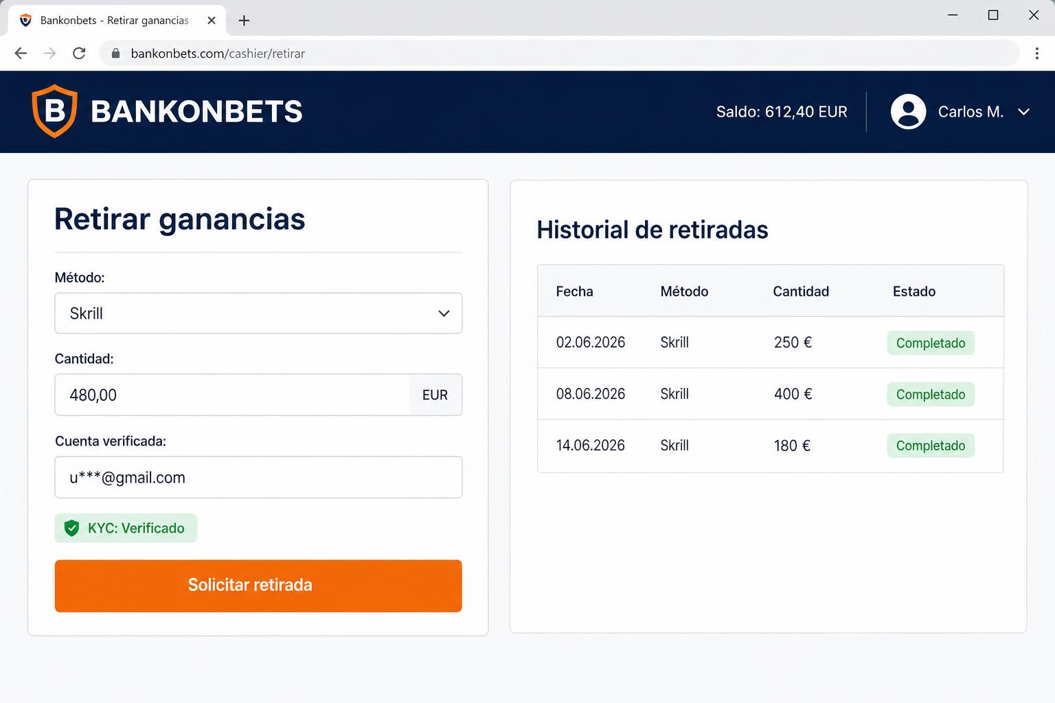 Screenshot cassa Bankonbet: prelievo 480 EUR su Skrill con KYC verificato e storico prelievi